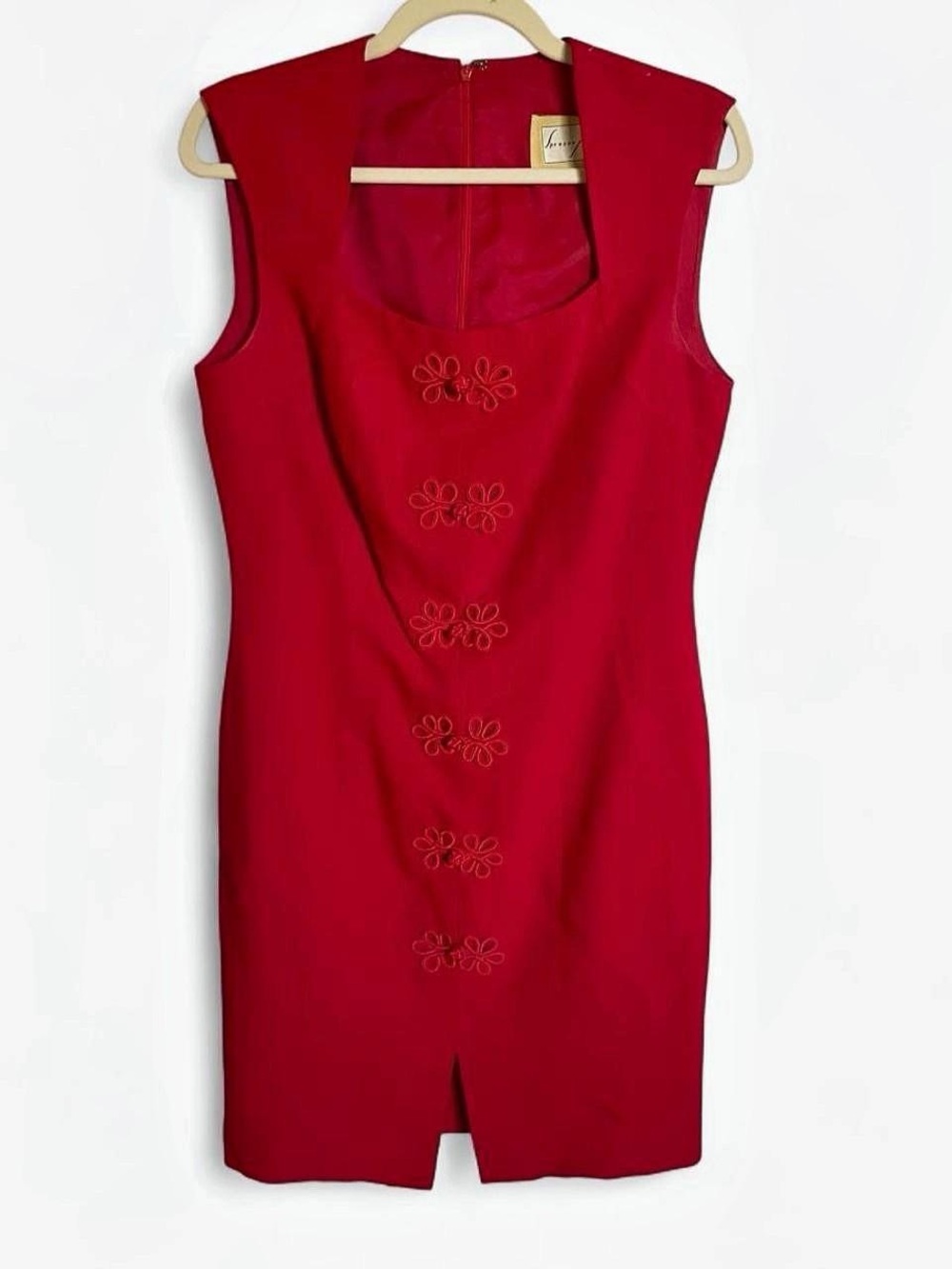 Vintage Spenser Jeremy Red Square Neck Embroidered Flower Midi Dress 6